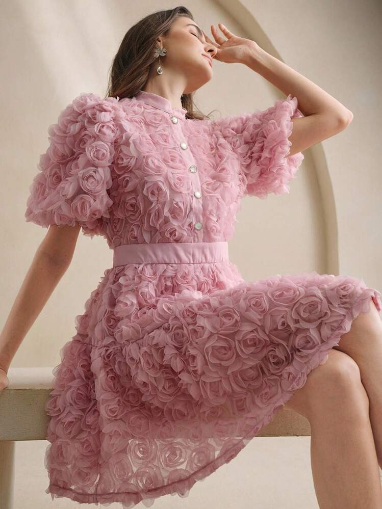 Anewsta Zoete En Elegante Damesjurk Met Pofmouwen, Slanke Pasvorm, Hoogwaardige Franse Stijl, Geschikt Voor Lente/Zomer, Valentijnsdag En Verjaardagen. | SHEIN