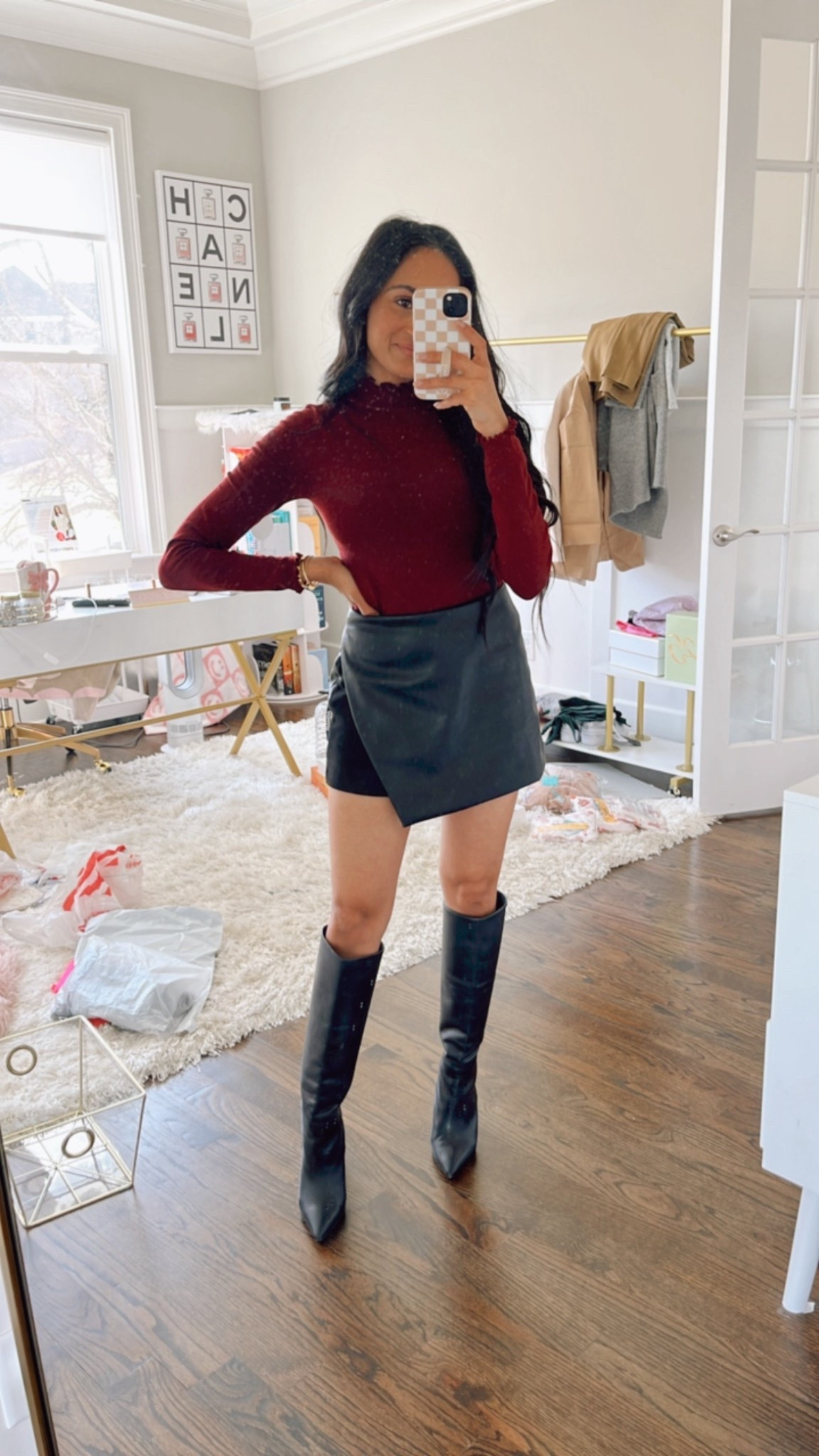 $10 sale! Faux leather skort
Burgundy sweater 
Black boots
Wearing small in both!

#LTKFindsUnder50 #LTKStyleTip #LTKSaleAlert