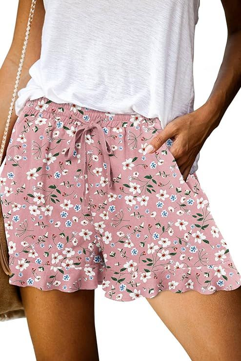ONLYSHE Womens Casual Shorts Drawstring Elastic Waist Ruffle Hem Summer Shorts Comfy Pocketed Pan... | Amazon (US)