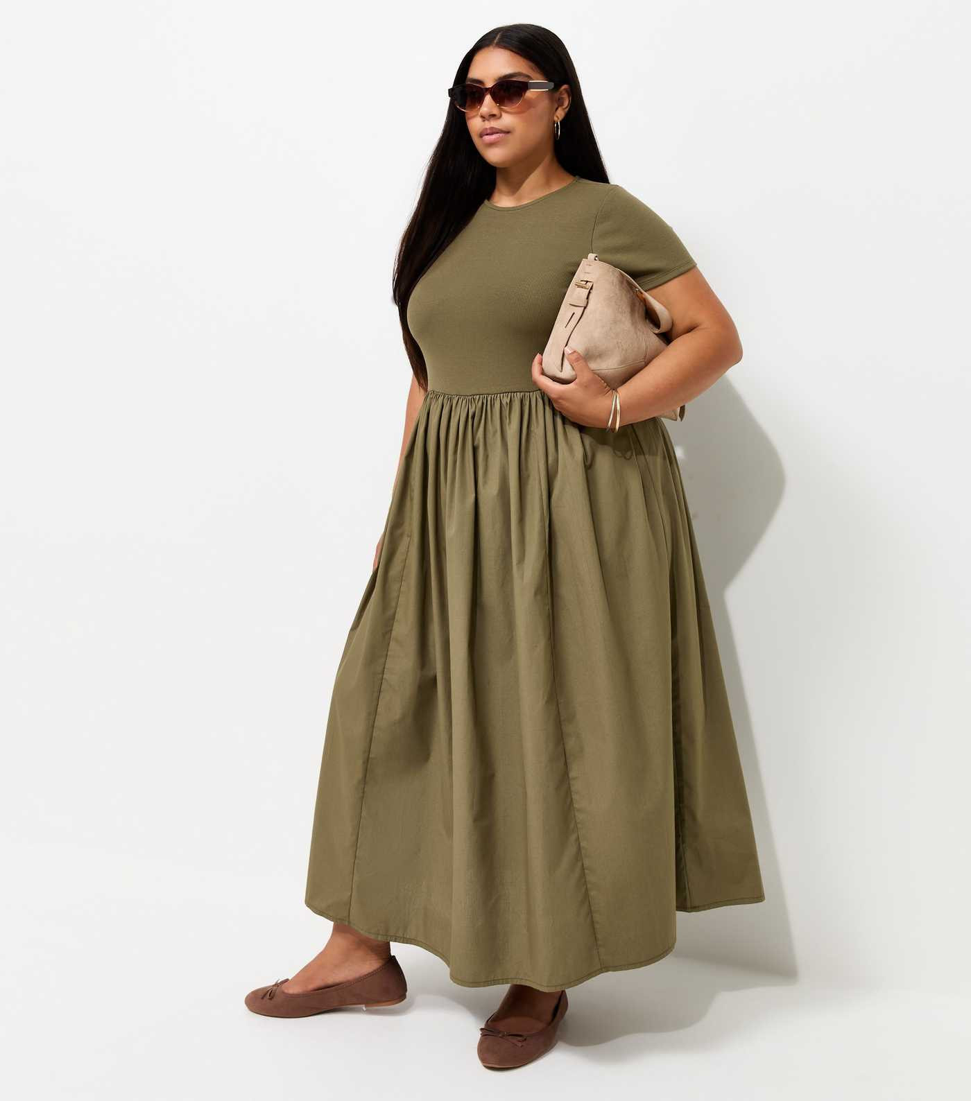 Curves Dark Khaki Cotton Rich Drop Waist Short Sleeve Midi Dress | New Look | New Look (UK)