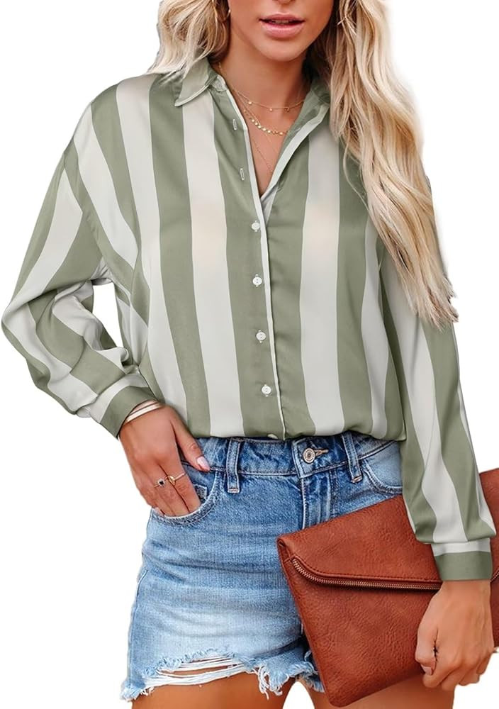 Astylish Women Button-Down Shirts V-Neck Elegant Blouse Long Sleeve Basic Top | Amazon (US)