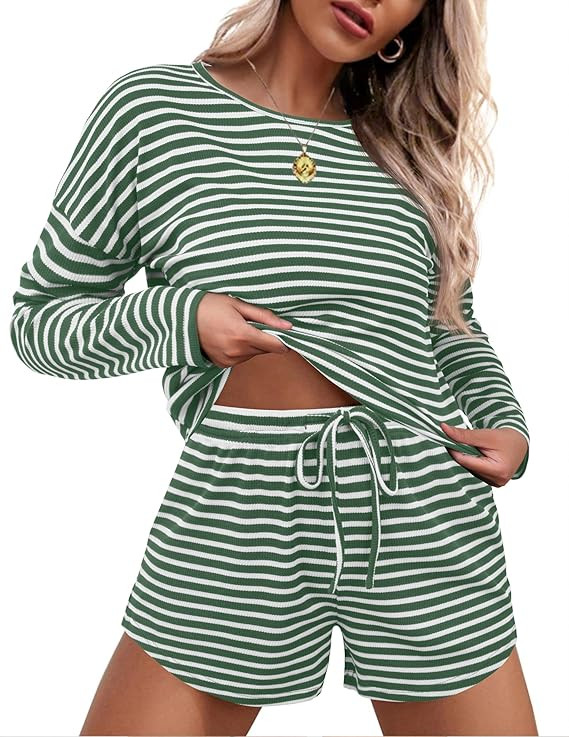 Ekouaer Womens Waffle Knit Pajama Sets Long Sleeve Top and Shorts Matching Lounge Set Loungewear ... | Amazon (US)