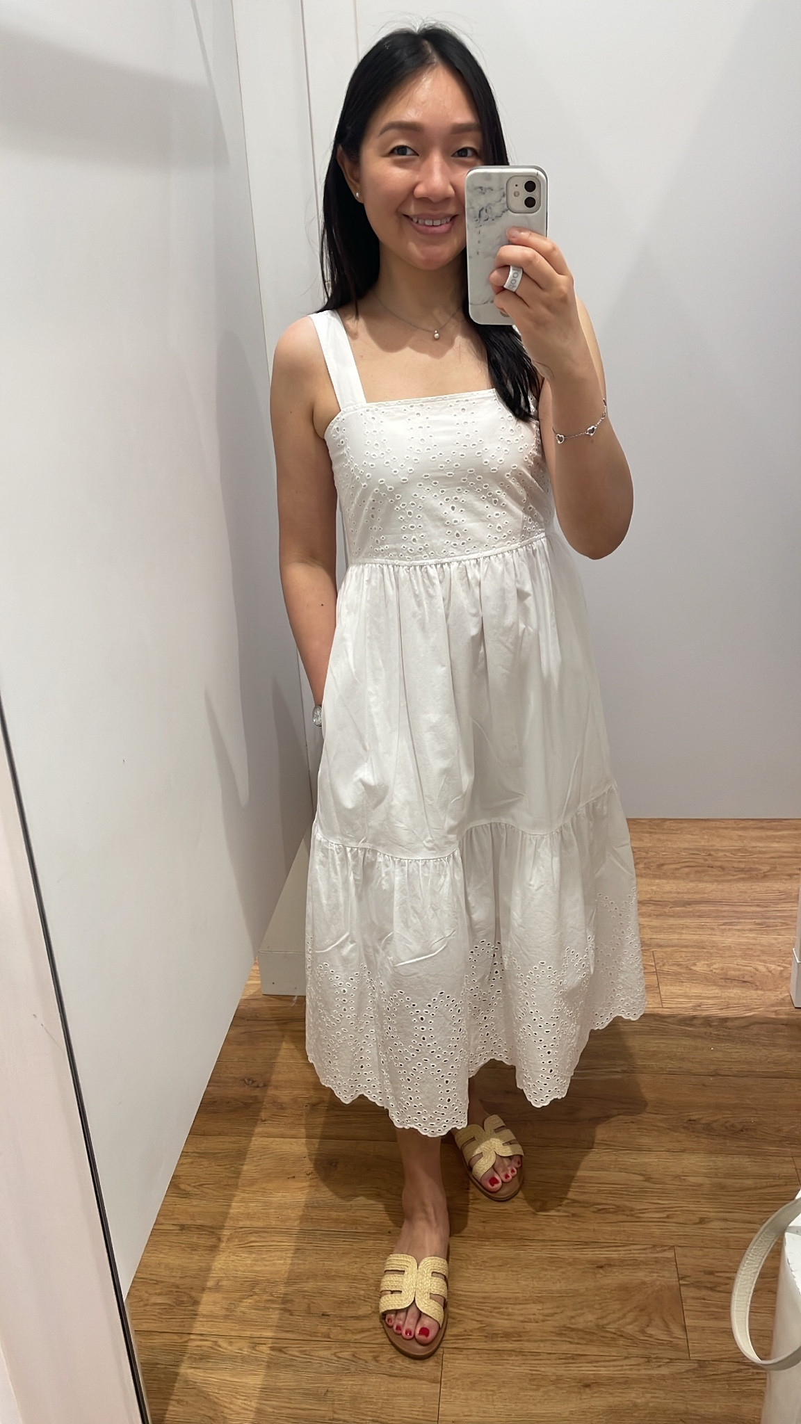 Eyelet maxi dress with adjustable button straps. Fully lined with pockets. Size XS fit me well. I'm 5' 2.5" and 118 pounds.

Uniqlo petite friendly dress

#LTKFind #LTKSeasonal #LTKunder100