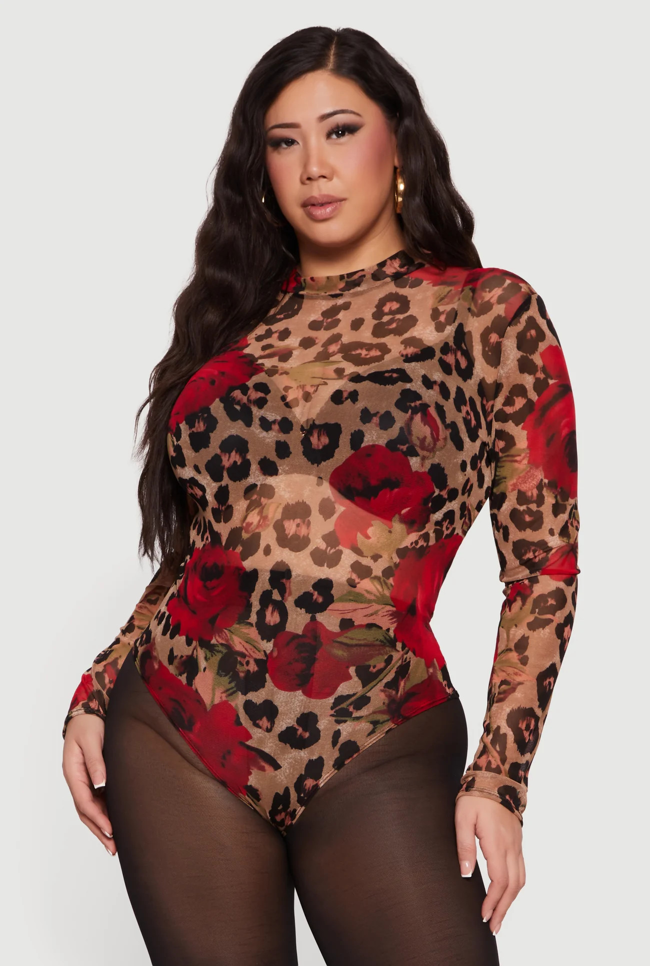 Plus Size Patterned Mesh Long Sleeve Bodysuit | Rainbow Shops