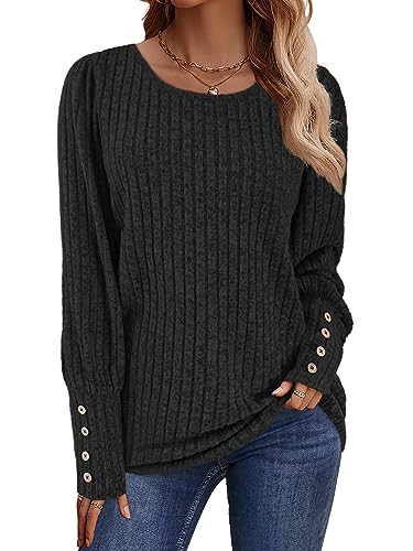 Lylinan Womens Ribbed Knit Long Sleeve Tops Casual Button Cuff Pullover Sweaters Blouses S-XXL | Amazon (US)