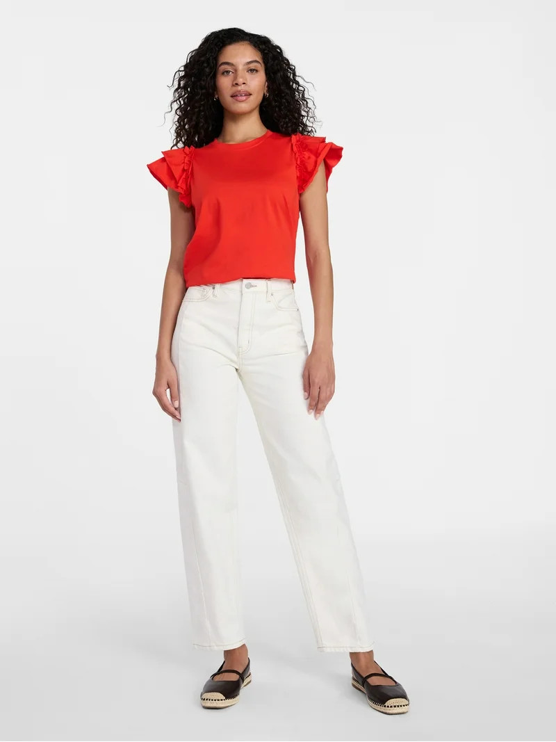 Time and Tru Women's Cotton Crewneck Tee with Ruffle Flutter Sleeves, Sizes XS-XXXL | Walmart (US)