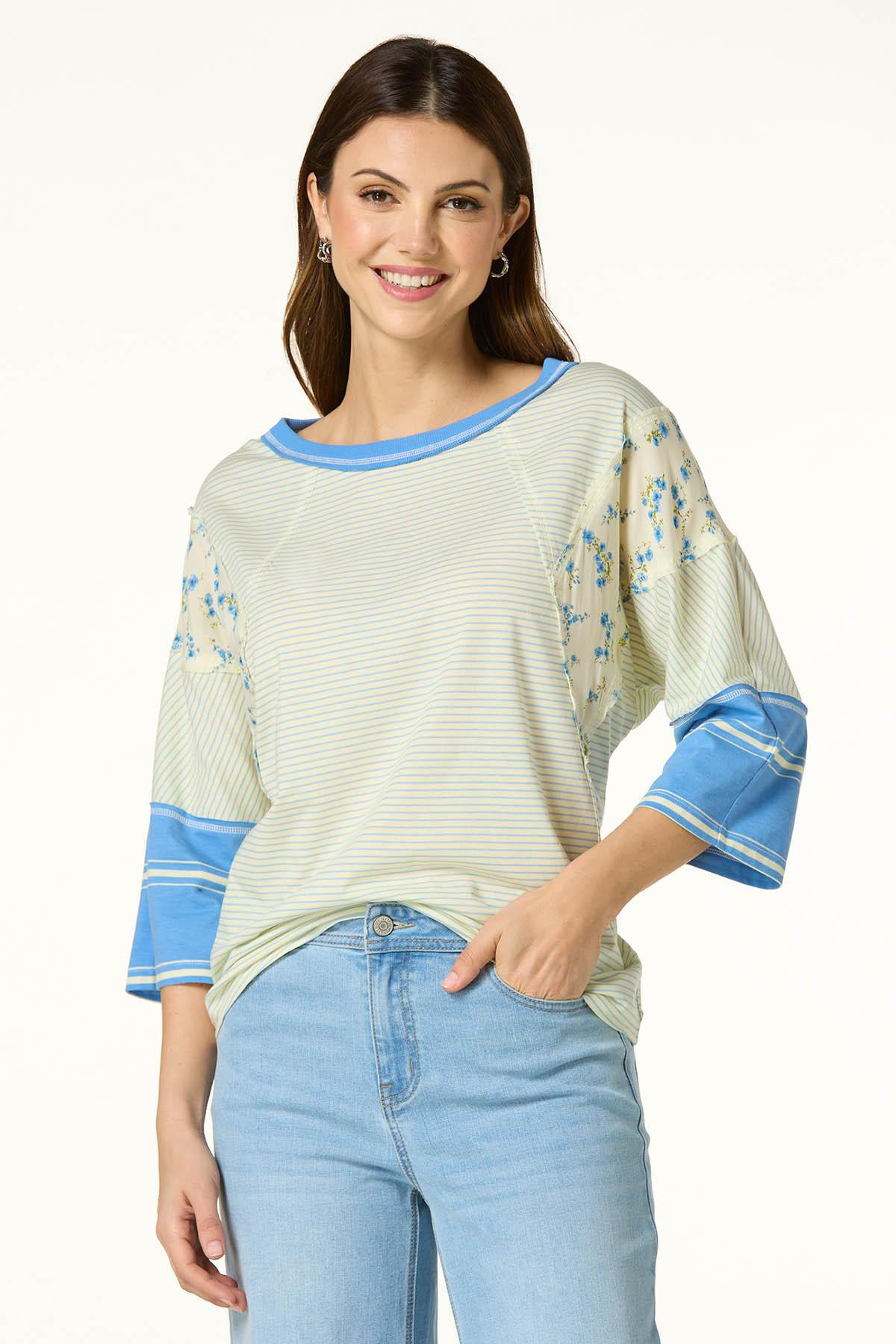 Floral Inset Striped Baseball Tee | Cato Fashions