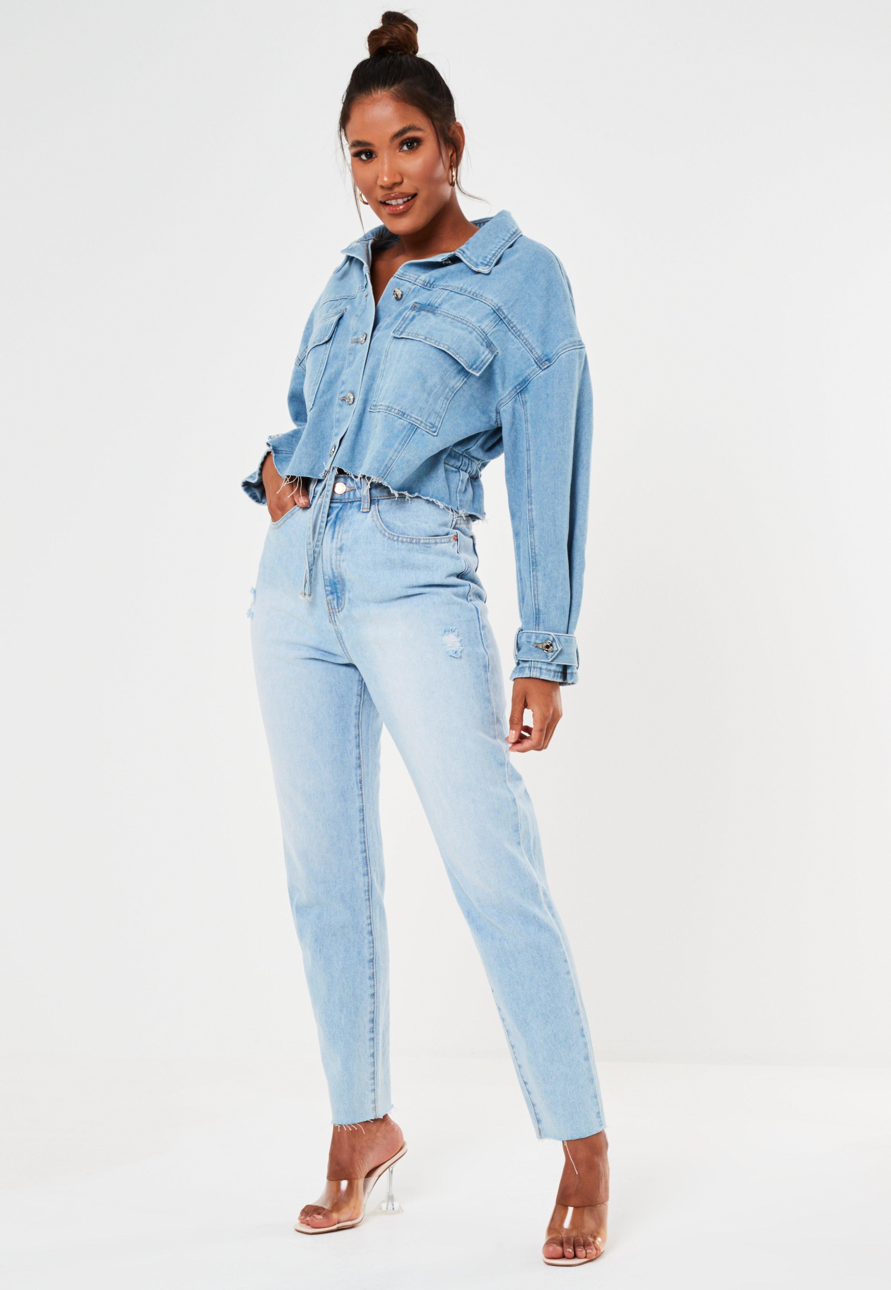 Blue Oversized Frayed Hem Cropped Denim Jacket | Missguided (US & CA)