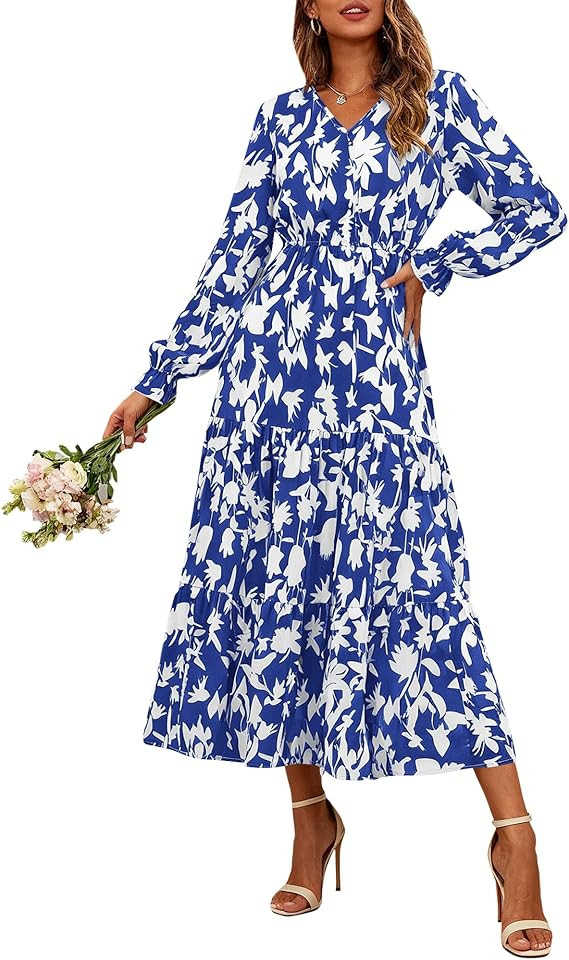 BTFBM Women Fall Dresses 2025 Casual Long Sleeve V Neck Maxi Dresses Floral Boho Long Dress Weddi... | Amazon (US)