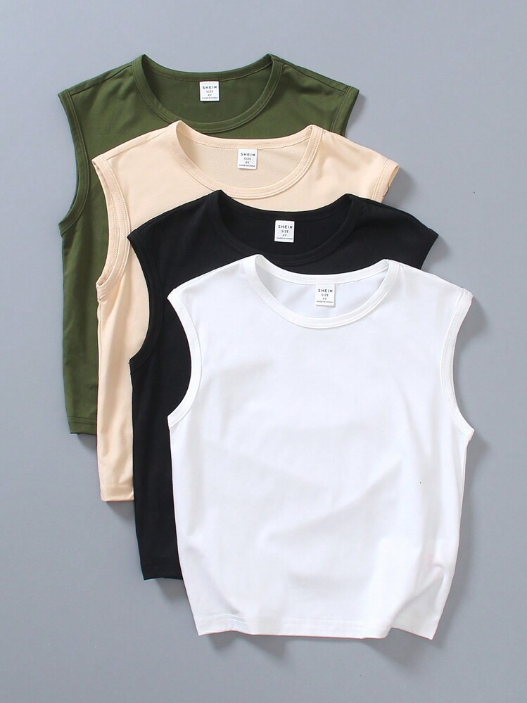 4pcs/Set Young Boy Tank Tops, Round Neck Double Thread Lockstitch Design For Closer Fit, Simplist... | SHEIN