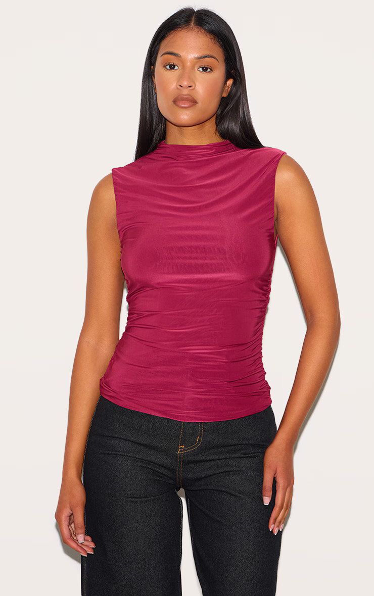Tall Burgundy Double Layer Slinky Ruched Long Top | PrettyLittleThing UK