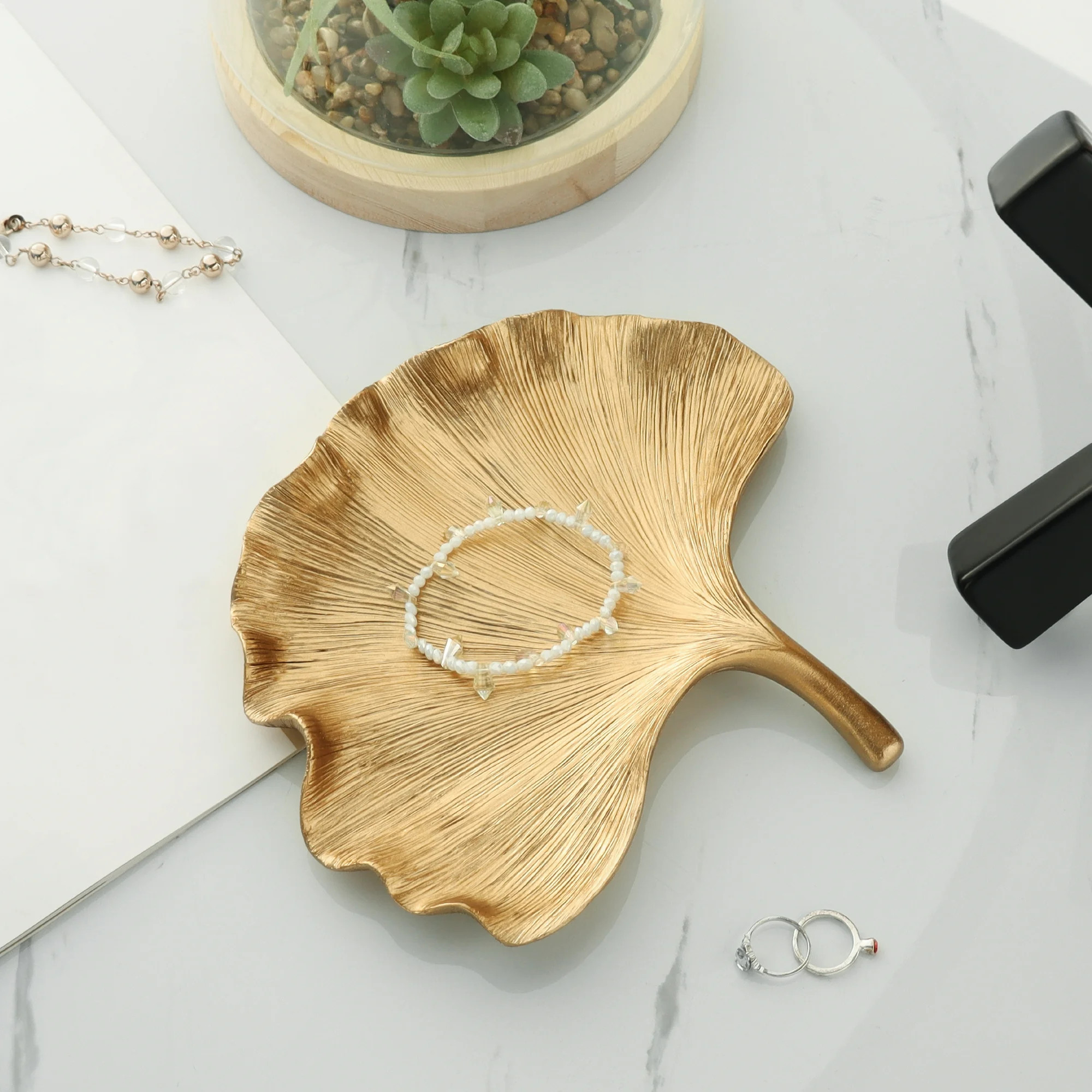 Home Decor Collection Leaf Shaped Gold Indoor Tabletop Trinket Tray | Walmart (US)