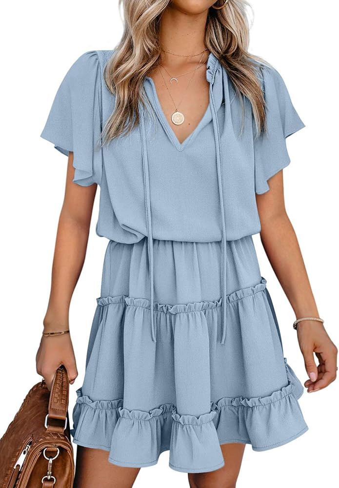 Dokotoo Womens Split V Neck Ruffle Chiffon Elegant Mini Short Skirt Dresses | Amazon (US)