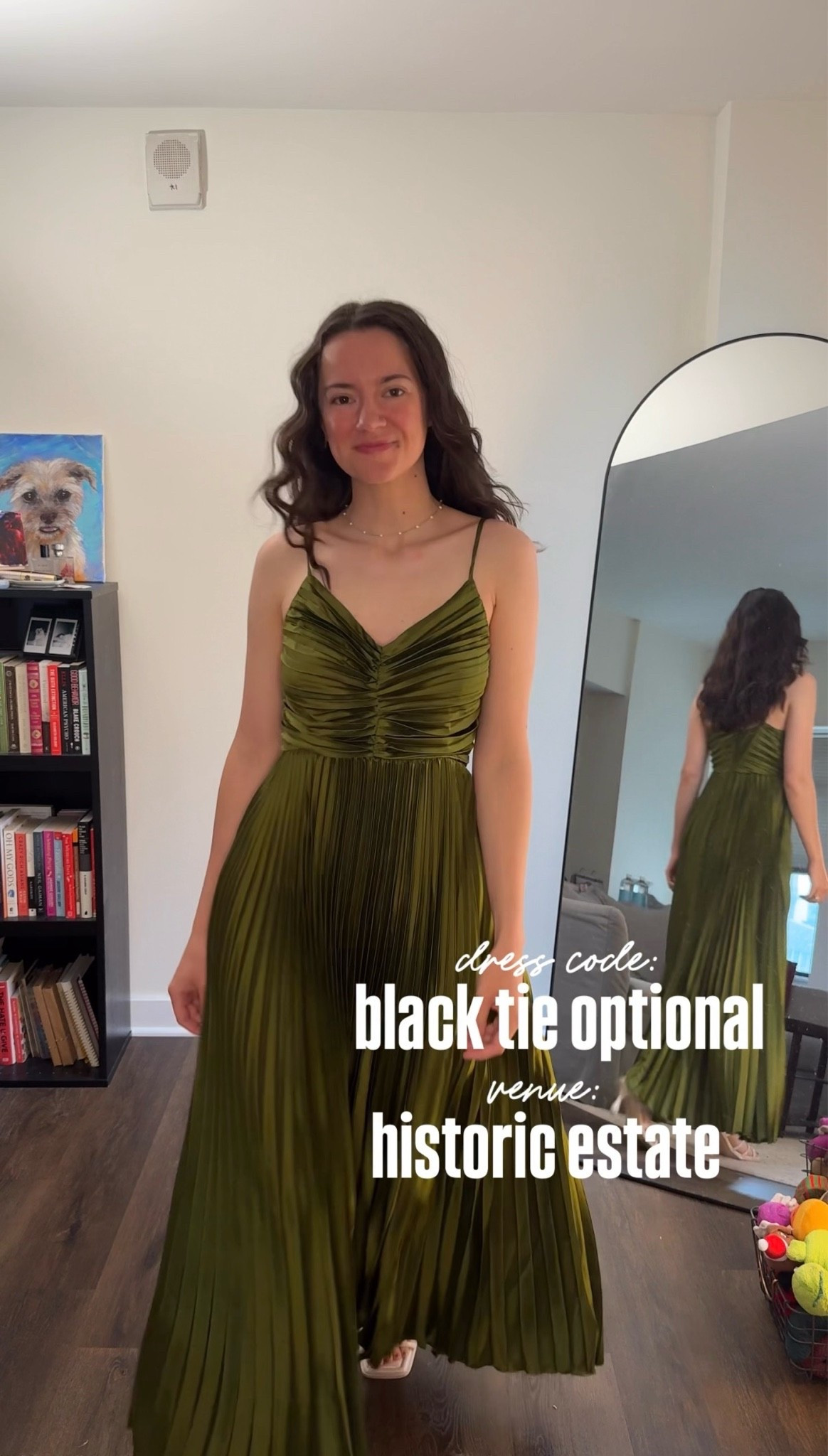 Black tie optional wedding guest look for a summer or early fall evening. Elegant deep olive green micro-pleated maxi dress with a structured, ruched bodice. Sophisticated and formal dress inspiration for a historic estate venue.

#LTKSeasonal #LTKWedding #LTKPetite