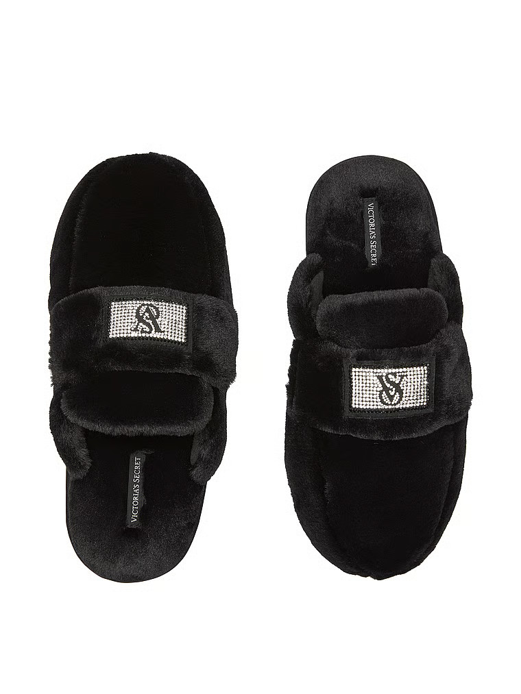 Buy Luxe Plush Shine Patch Slide Slippers, Black - Order Slippers online - Victoria's Secret US | Victoria's Secret (US / CA )