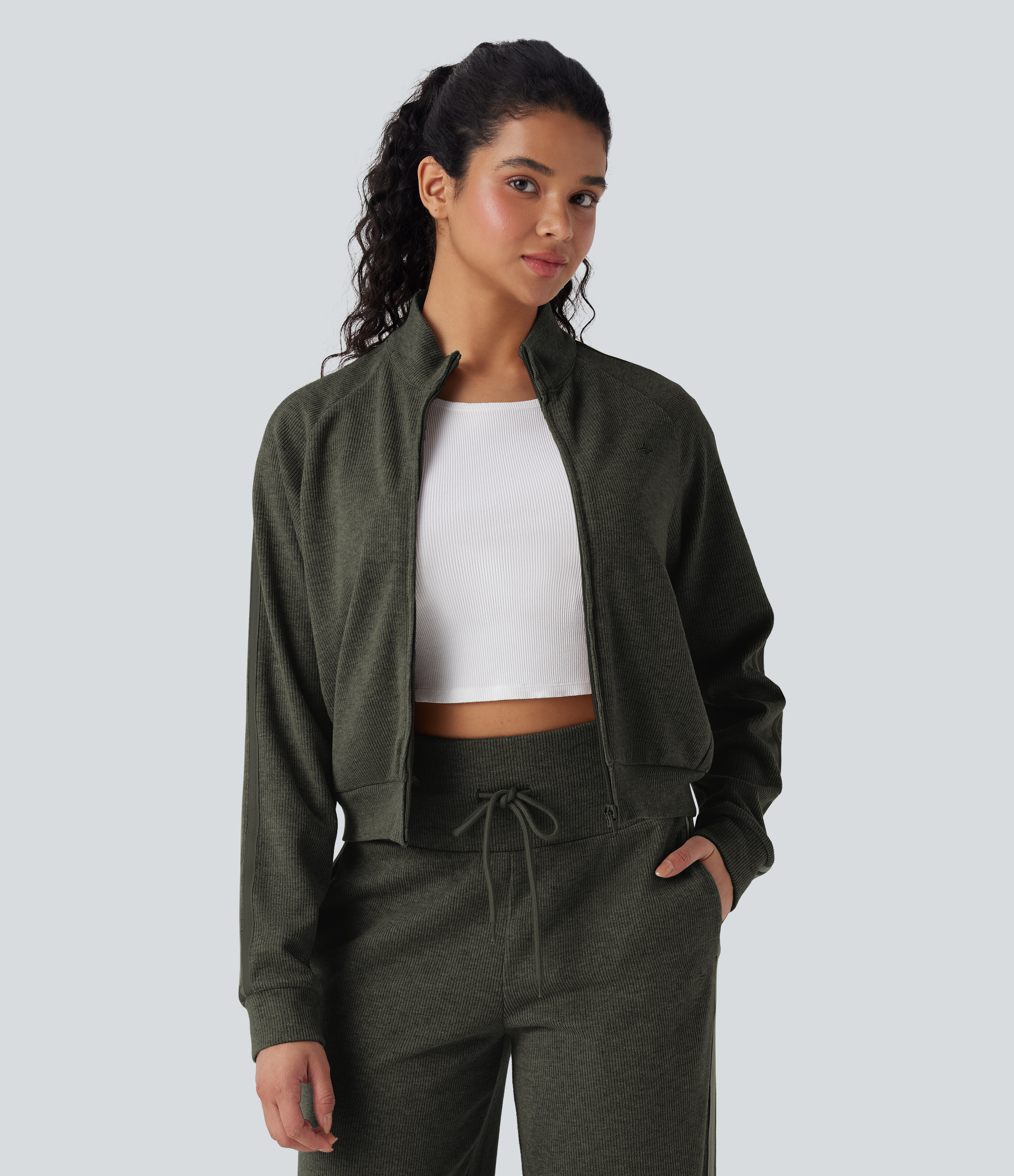 Halara Ribbed Stand Collar Long Sleeve Zipper Color Block Casual Jacket with Pockets - Forest Night - XS | HALARA
