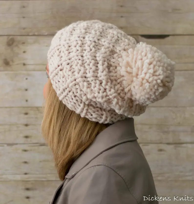 Soft Wool Chunky Knit Hat, Knit Slouchy Hat, Knit Pom Pom Hat / LADDERS POMPOM HAT / 13 Colors Re... | Etsy (US)
