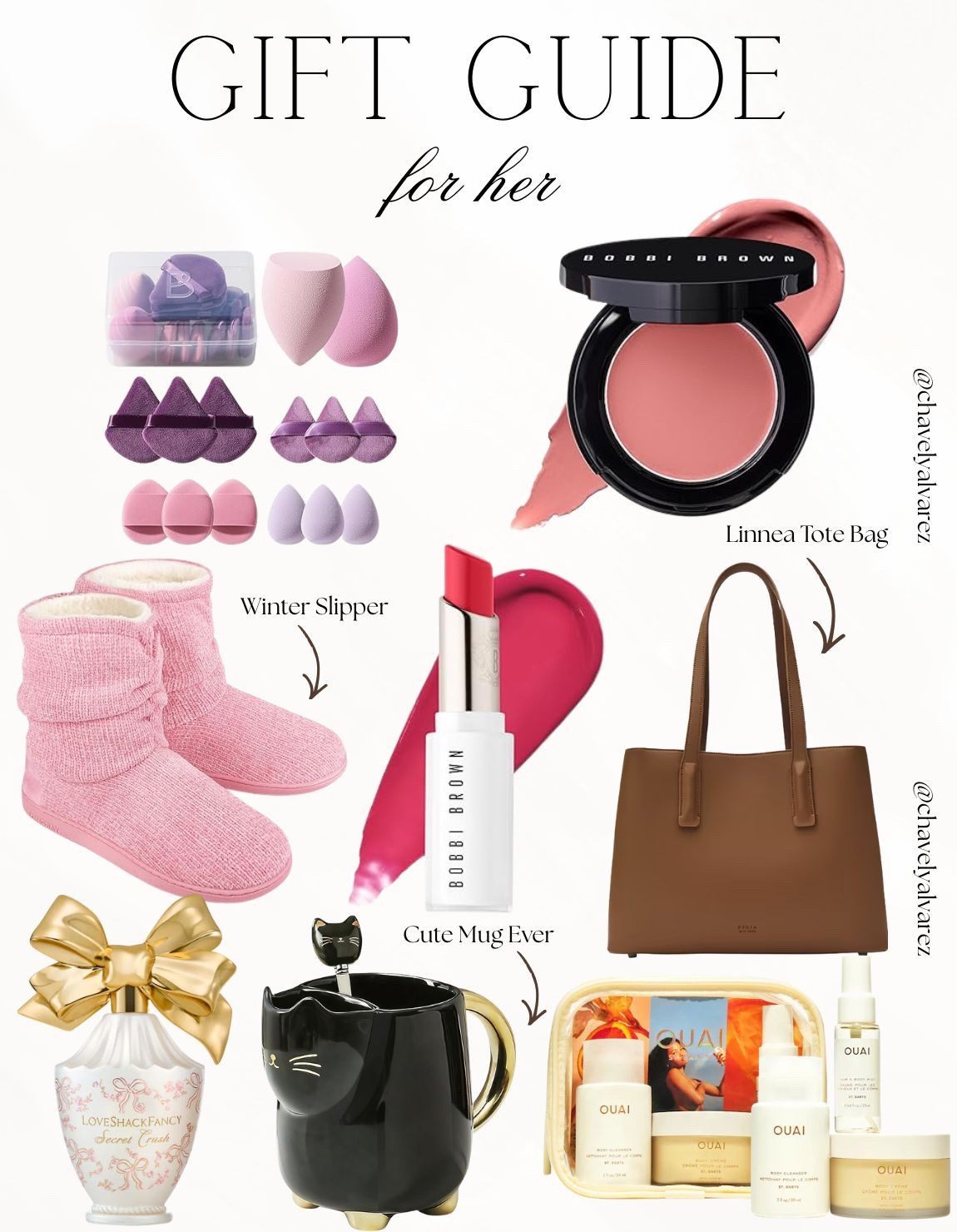 GIFT GUIDE for her: Beauty Faves, Chic Accessories, & Cozy Essentials! 🎁

Find the perfect present for everyone on your list with this curated collection of must-have gifts! ✨

We are obsessed with the variety of elevated finds: from professional beauty tools like the multi-pack of makeup sponges and powder puffs to luxury skincare sets from OUAI. Make a statement with the perfect accessories, including a classic brown Linnea tote bag and a designer-inspired perfume bottle topped with a gold bow. Finish the look with thoughtful, everyday luxuries: a pair of plush pink winter slippers, iconic Bobbi Brown lip and cheek tints, and the cutest black cat-themed coffee mug for a touch of whimsical charm!

#GiftGuide
#GiftsForHer
#BeautyMustHaves
#HolidayGifts
#CozyVibes
#MakeupLover
#SkincareSet
#BobbiBrown
#OUAI
#WinterStyle
#ToteBag
#LTKGiftGuide
#HolidayShopping
#GiftInspo
#StockingStuffers

#LTKGiftGuide #LTKHoliday #LTKBeauty