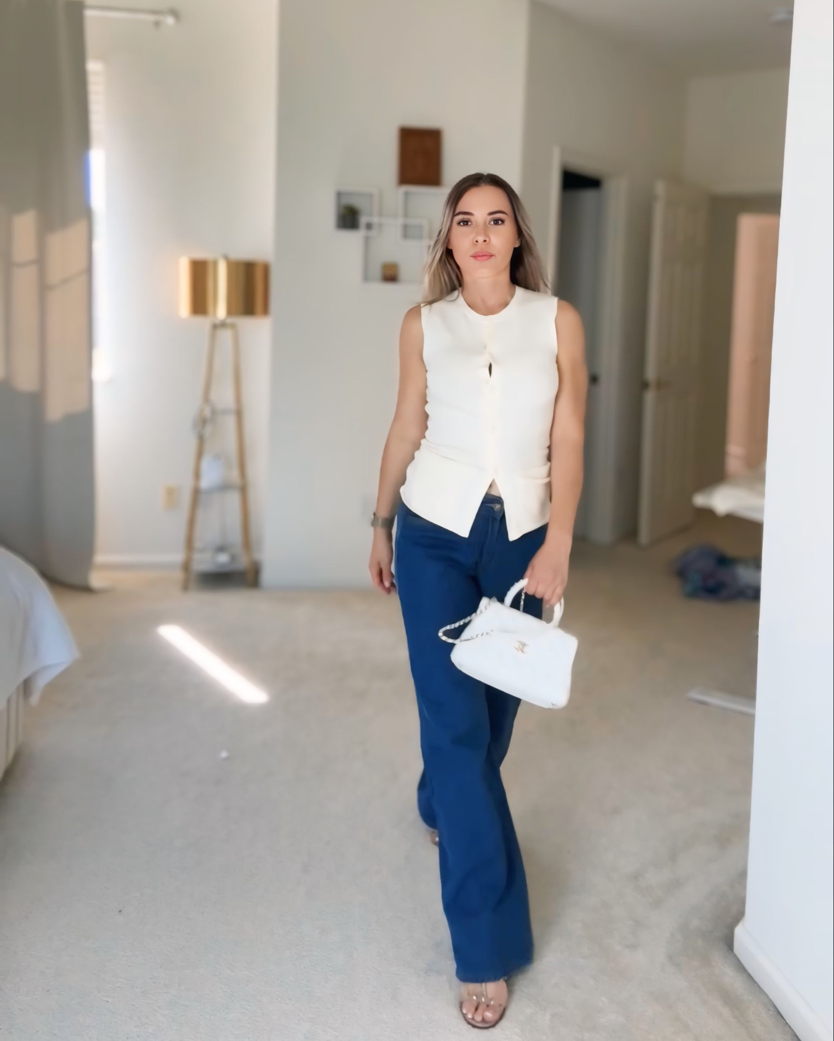 Vest in Ivory and Top Model Jean in Dark Denim