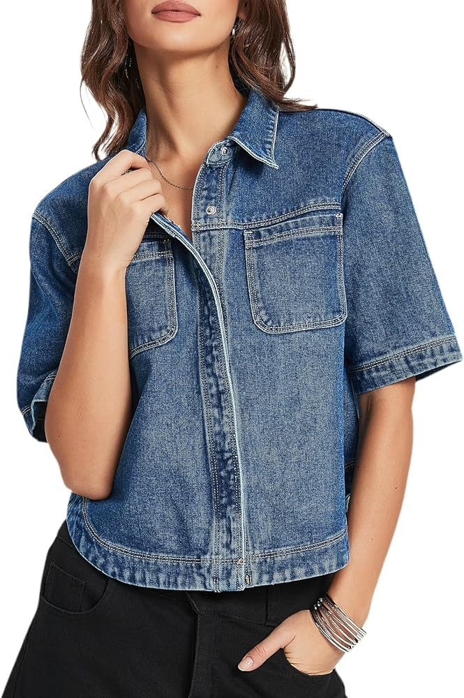 Kedera Women Denim Shirt Tops Short Sleeve Button Down Casual Jean Coat Trendy Jacket Shacket | Amazon (US)