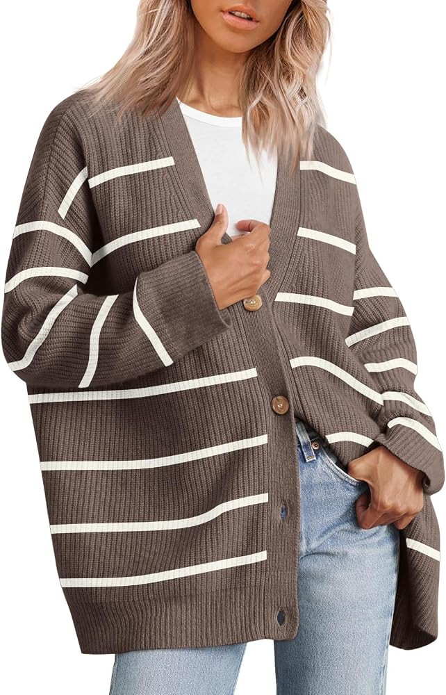 LILLUSORY Womens Open Front Lightweight Striped Cardigan Oversized Sweaters V Neck Knit Tops | Amazon (US)