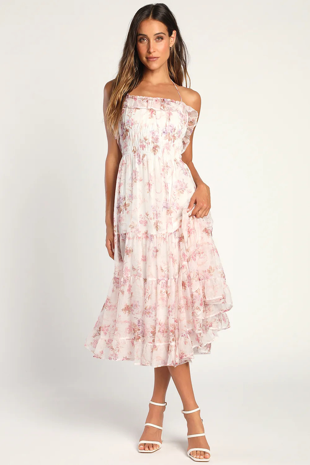 Tender Tales Ivory Floral Ruffled Tiered Backless Midi Dress | Lulus (US)