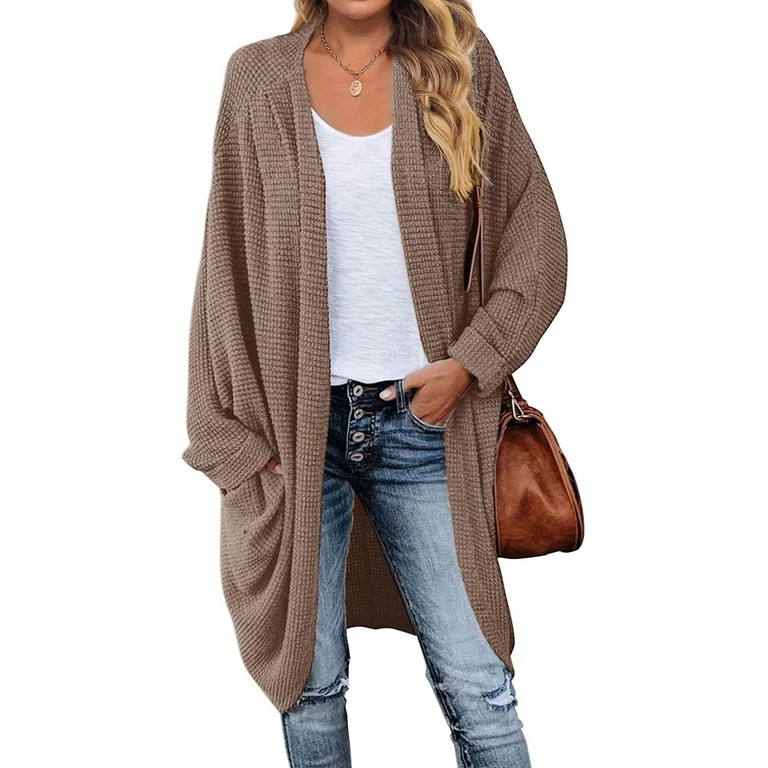 ROSVIGOR Long Cardigans for Women Waffle Sweaters for Women Knit Open Front Sweater Coat with Poc... | Walmart (US)