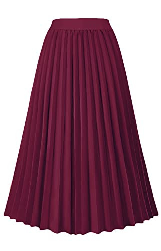 GOLDSTITCH Women's High Waist Pleated Skirt A line Swing Midi Skirt Wine Red | Amazon (US)