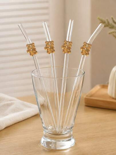 3 piezas de pajitas de vidrio dobladas con decoración de oso marrón lindo, pajitas reutilizables transparentes para té con leche, jugo, café, boda, cumpleaños, fiesta, Acción de Gracias, Halloween, Navidad, regalo de vuelta a la escuela | SHEIN