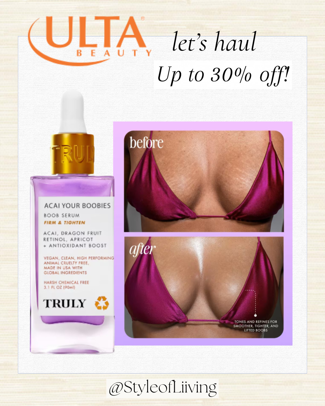 Beauty sale at Ulta! Up to 30% off! Truly's Acai Your Boobies Lifting Boob Serum. It's designed to smooth skin while also tightening and firming your chest. It contains acai, dragon fruit, and retinol to help reduce the appearance of stretch marks and fine lines for a youthful perky chest. #ulta #ultasale #truly #cleanbeauty #tightening #serum #bodyserum #vegan #beautysale 

 #LTKselfcare #LTKSaleAlert #LTKBeauty