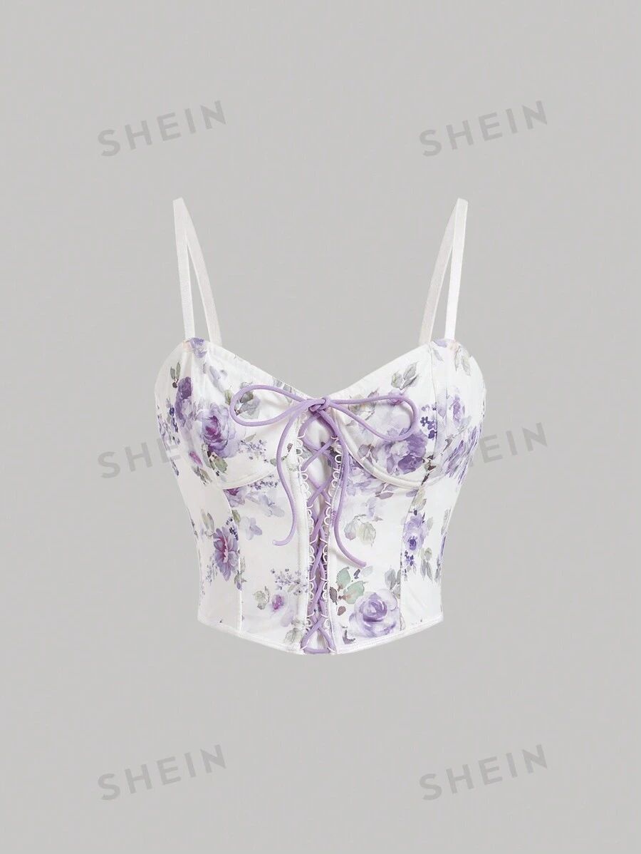 SHEIN MOD Sexy Women Tops Women's Floral Printed Gauze Tie-Up Spaghetti Strap Tank Top | SHEIN
