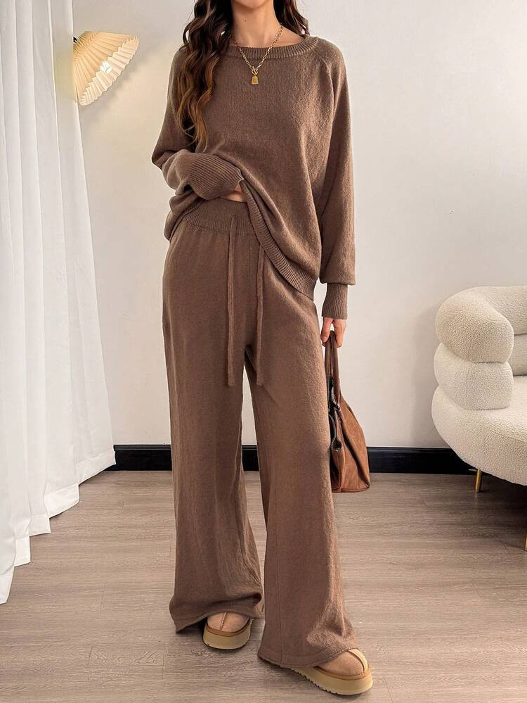 SHEIN Tall Brown Sweater Fall Women Clothes Old Money Autumn Women's Solid Color Round Neck Raglan Sleeve Long Sleeve Sweater And Drawstring Waist Knit Pants Casual Suit Brown Two Pieces Set Comfortable Two Pieces Set, | SHEIN