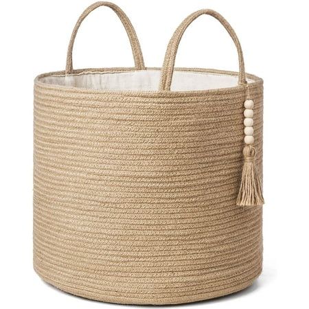 Golden Home Decorative Woven Storage Basket Natural Jute Rope Basket Wooden Bead Decoration for Blan | Walmart (US)