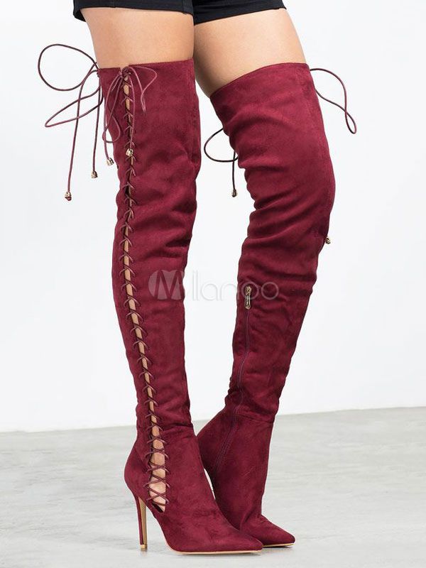 Over The Knee Boots Pointed Toe High Heel Nubuck Burgundy Thigh High Boots For Women | Milanoo