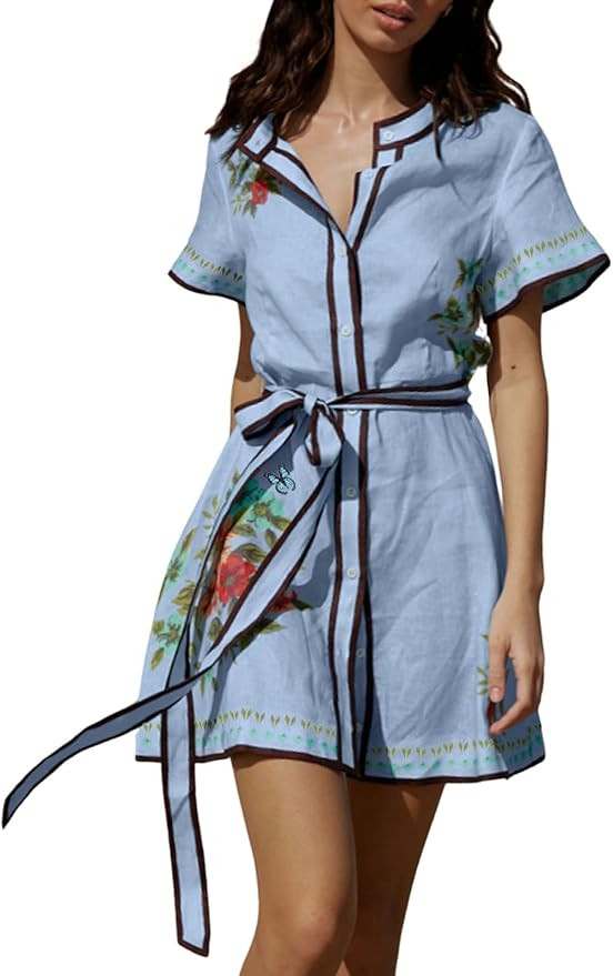 CHARTOU Women's Floral Linen Button Down Wrap Tie Knot Boho Beach Shirt Dress with Belt | Amazon (US)