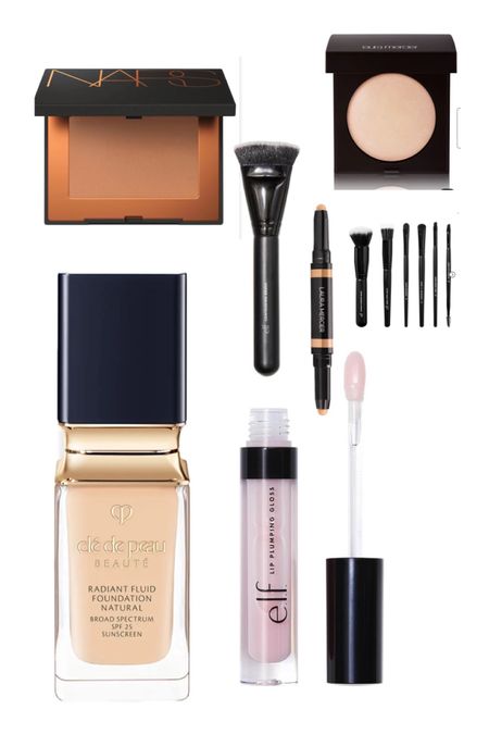 Favorite current products! Use the $7 contour brush with the nars bronzer for instant cheekbones. I love the gloss in Pink Paloma. Foundation is a splurge but it’s the best I’ve found. 