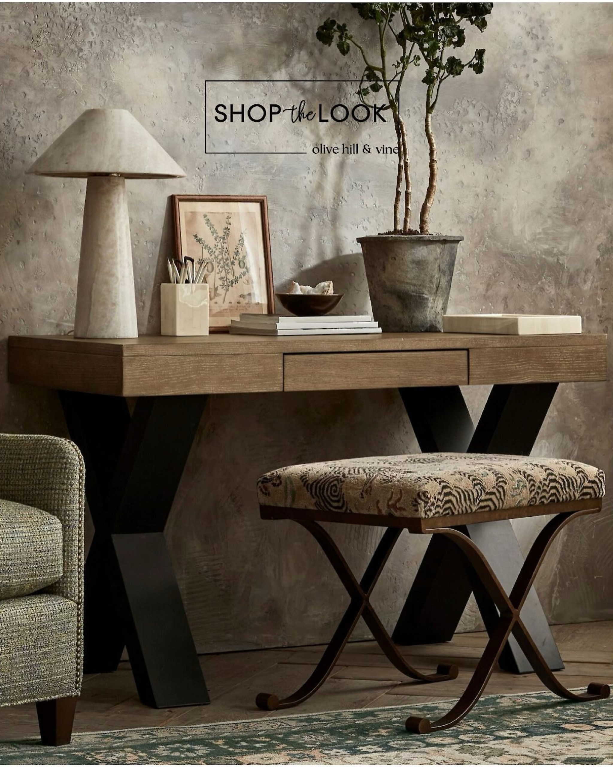 Discover the perfect blend of modern elegance and bold design. This curated home office features a stylish ash veneer and steel desk with "x" legs, paired with a dragon-print upholstered stool. Add character with a geometric medallion rug and an onyx table lamp. 

#LTKStyleTip #LTKFamily #LTKHome