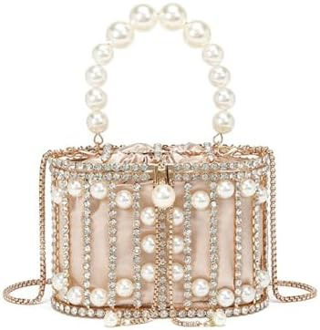Women Rhinestone Cage Bag Sparkling Hollow Pearl Evening Clutch Glitter Double-layer Detachable B... | Amazon (US)