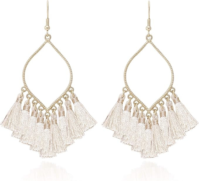 Boho Rhombus Metal Frame with Tassels Dangle Drop Earrings for Women | Amazon (US)