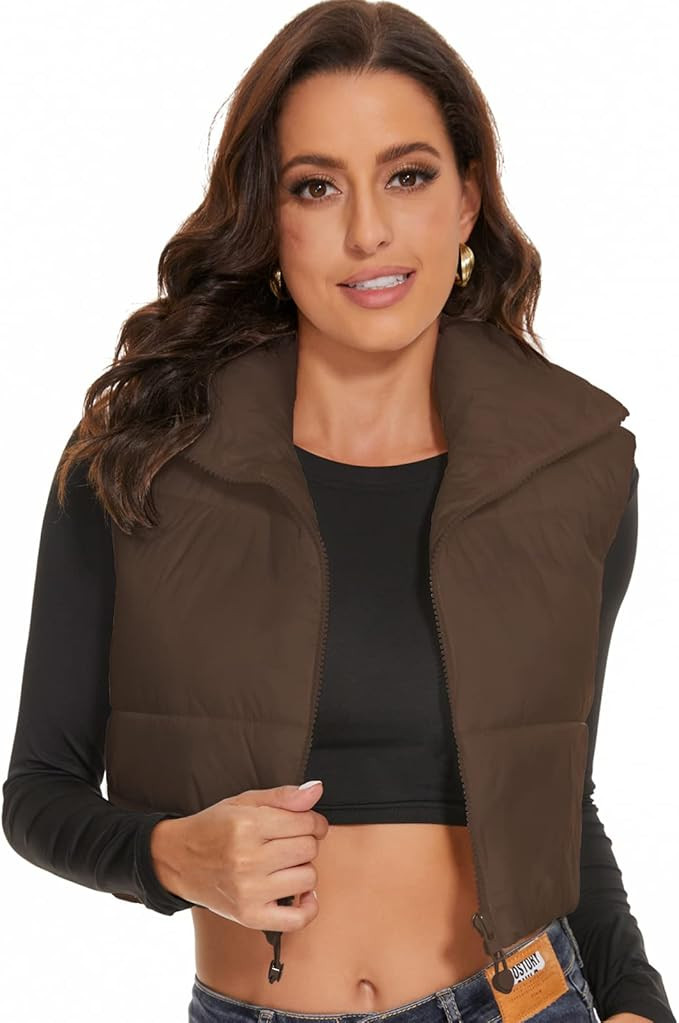 Amazon.com: ELFJOY Cropped Puffer Vest Women Sleeveless Winter Vest Warm Stand Collar Padded Vest... | Amazon (US)