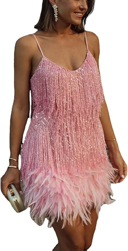 Ecirod Womens Tassel Feather Sequin Mini Dress Sexy V Neck Spaghetti Strap Short Fringe Dresses | Amazon (US)