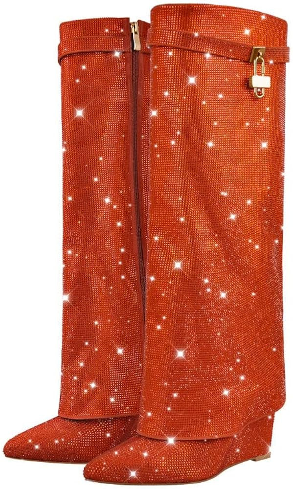 sexytag Womens Sparkly Rhinestone Boots Fold Over Padlock Knee High Wedge Heel Pointed Toe Pull-O... | Amazon (US)