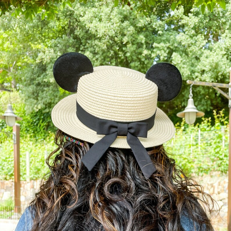Mickey Ear Straw Hat | Mickey Ear Boater Style Hat | Straw Mickey Ear Hat with Bow | Minnie Ear H... | Etsy (US)