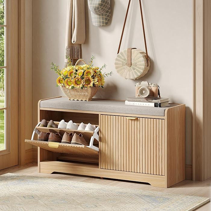 Maupvit Fluted Shoe Bench with Storage, Narrow Wooden Entryway Bench with Removable Cushion & 2 F... | Amazon (US)