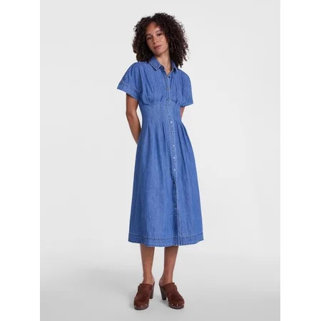 Scenario Women's and Women's Plus Pleated Waist Midi Shirtdress with Short Sleeves, Sizes XS-4X | Walmart (US)
