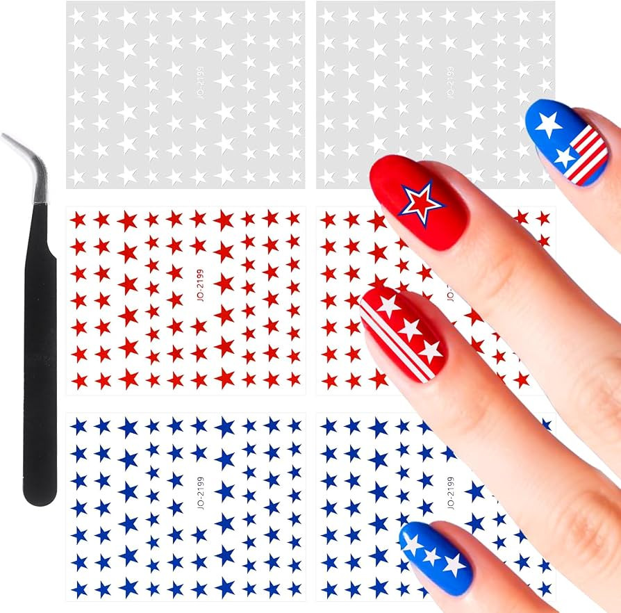 Allstarry Red White and Blue Star Stickers, 6 Sheets 4th of July Nail Stickers, Self-Adhesive Pat... | Amazon (US)
