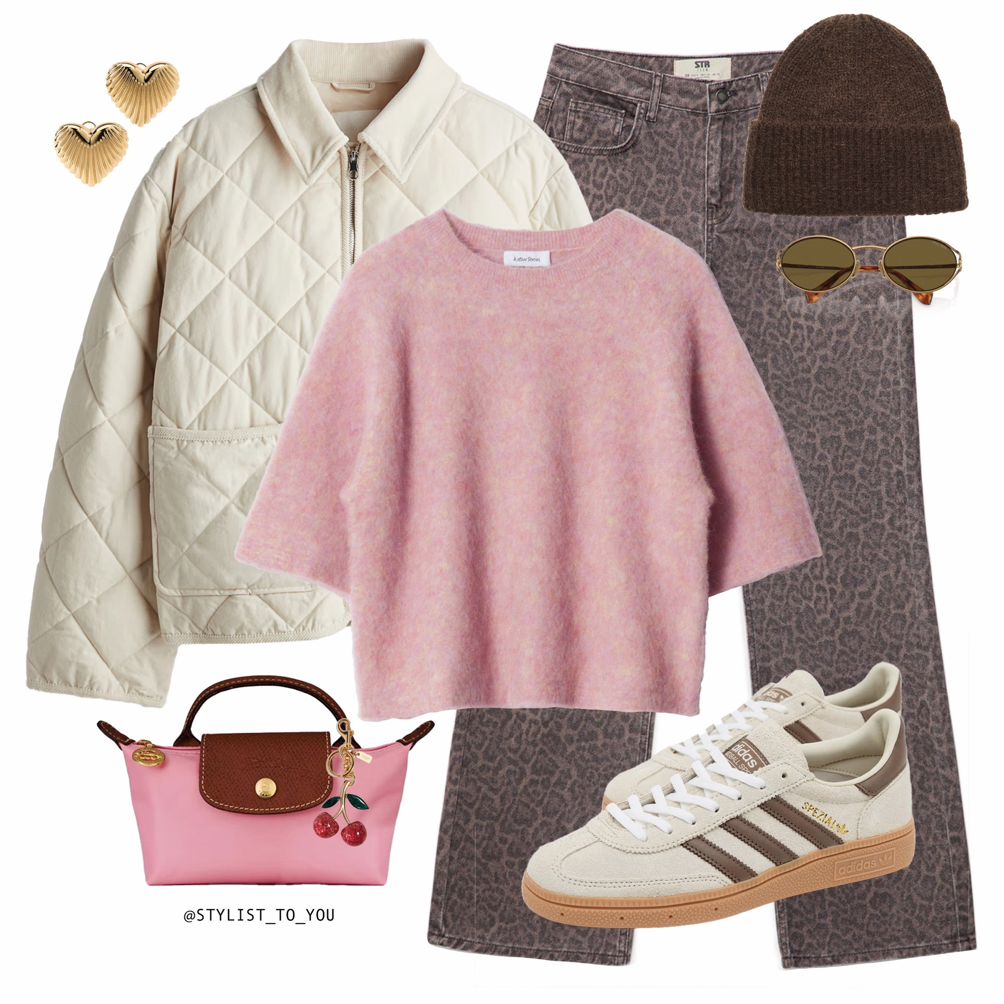 Pink & choc 🍧🍩

A casual Valentine’s Day outfit featuring a soft pink sweater, cream quilted jacket, leopard-print jeans, and Adidas sneakers. Accessories include a brown beanie, heart-shaped gold earrings, oval sunglasses, and a pink mini handbag with a cherry charm.
Casual outfit, pink aesthetic, neutral tones, leopard print jeans, spring street style, cozy cosy chic, trendy sneakers trainers, casual cool, soft pink vibes, effortless fashion.#LTKdatenight

#LTKluxury #LTKeurope