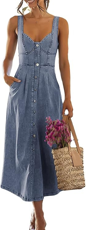 ebossy Stretchy Smocked Denim Dress for Women Sleeveless Babydoll Button Down Midi Long Jean Dres... | Amazon (US)