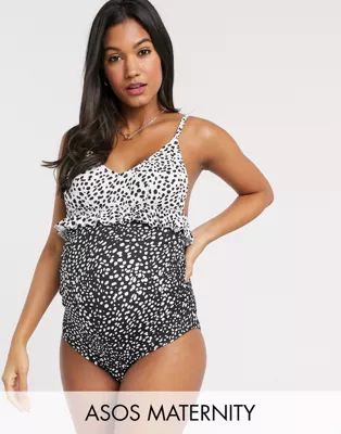 ASOS DESIGN recycled maternity v front frill swimsuit in mixed mono polka dot | ASOS (Global)