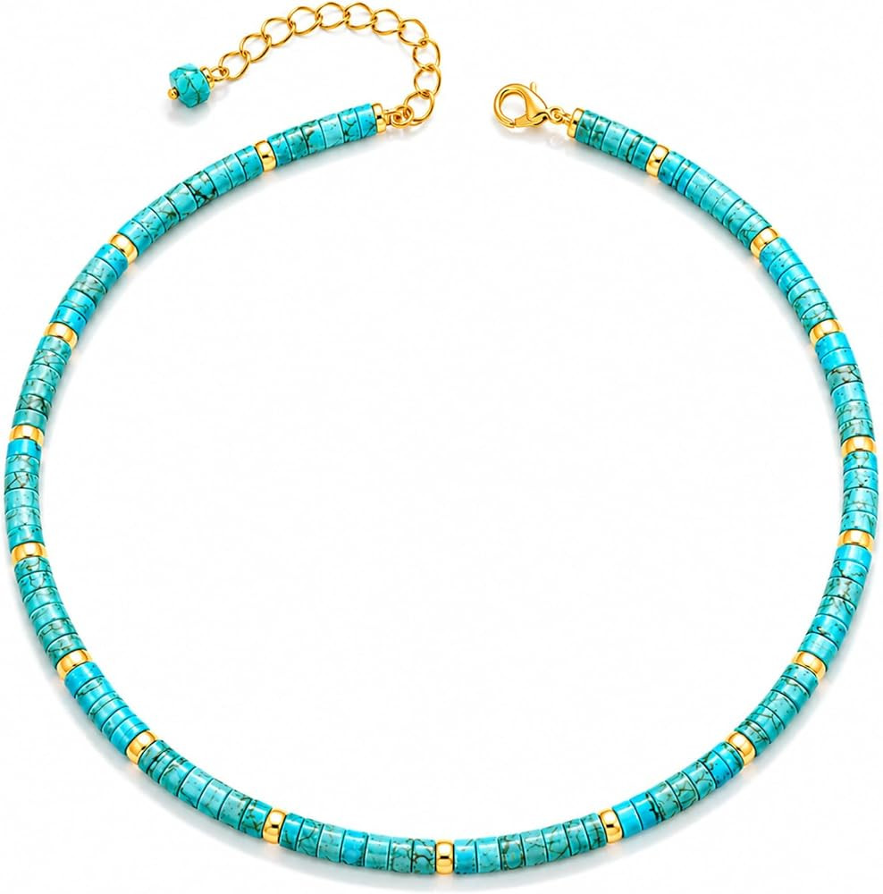 Natural Heishi Gemstone Choker Necklace for Women, Adjustable 15"+2" Beaded Layering Necklace, Co... | Amazon (US)